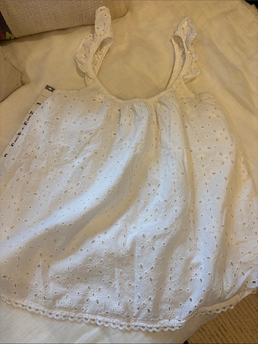 The Nines by HATCH White Eyelet Ruffle Strap Tank Top